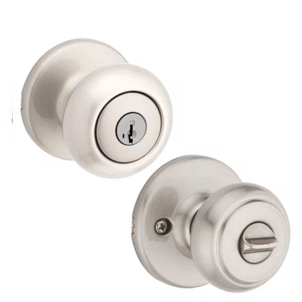 Kwikset: Cove Entry Door Knob with Round Rose  Satin Nickel / with SmartKey Technology